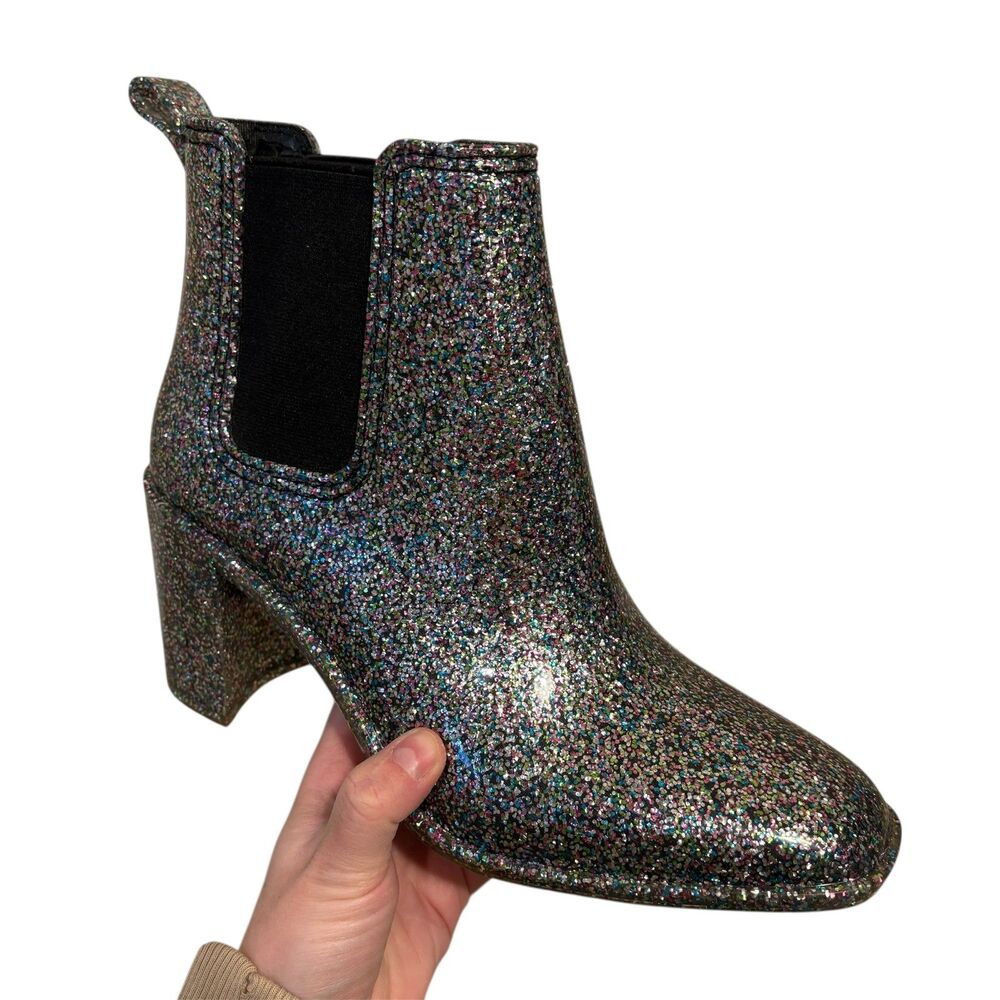 Jeffrey Campbell Glitter Pull on Chelsea Rubber Ankle Boots 10